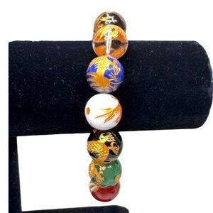 Handcrafted Dragon Vein Agate Onyx Carved Stretch Bracelet Artisan Gemstone